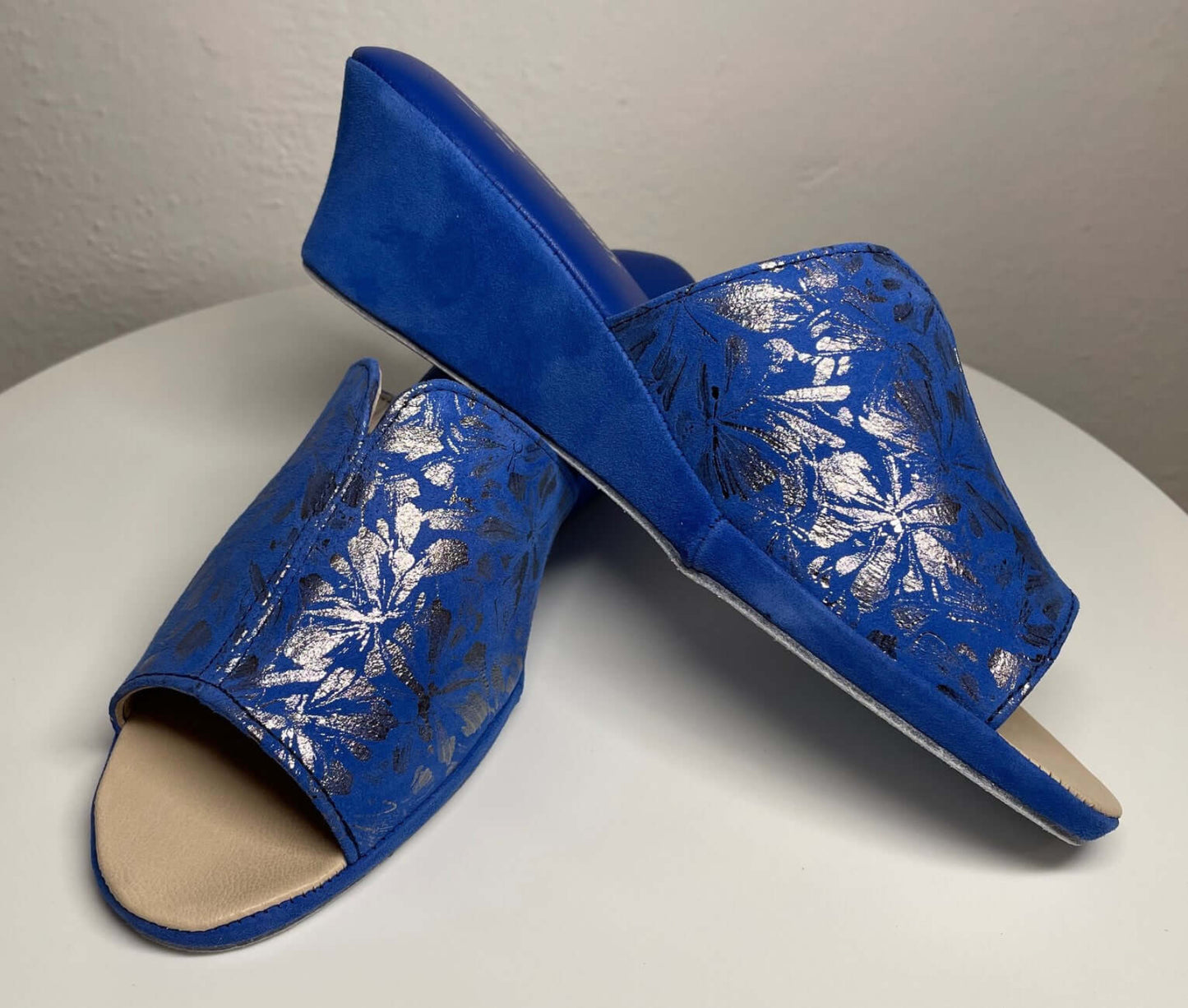 0112 Camoscio Blu a fiori Suola Bufalo Ciabatte da camera Donna Original Milly Made in Italy