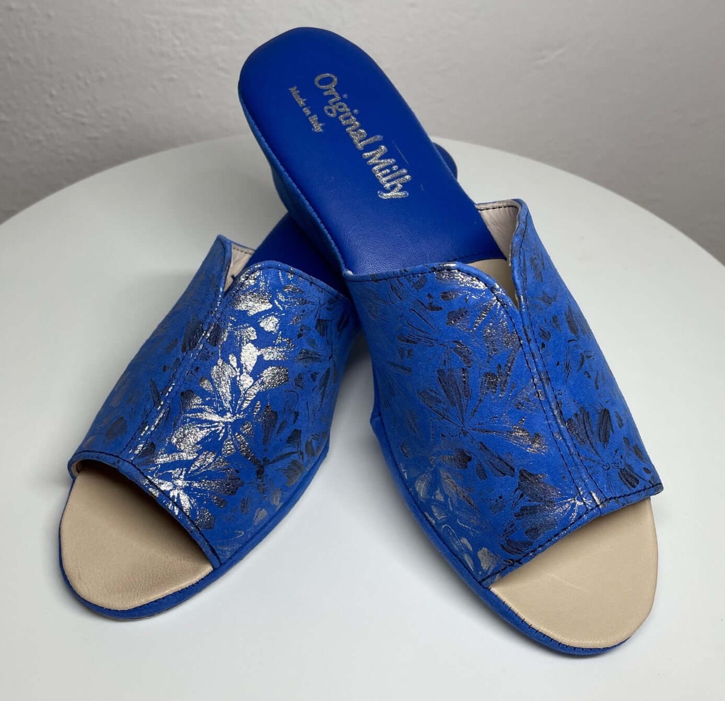 0112 Camoscio Blu a fiori Suola Bufalo Ciabatte da camera Donna Original Milly Made in Italy