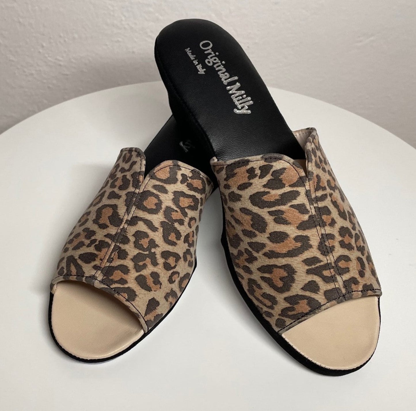 0112 Camoscio Leopardo Suola Bufalo Ciabatte da camera Donna Original Milly Made in Italy