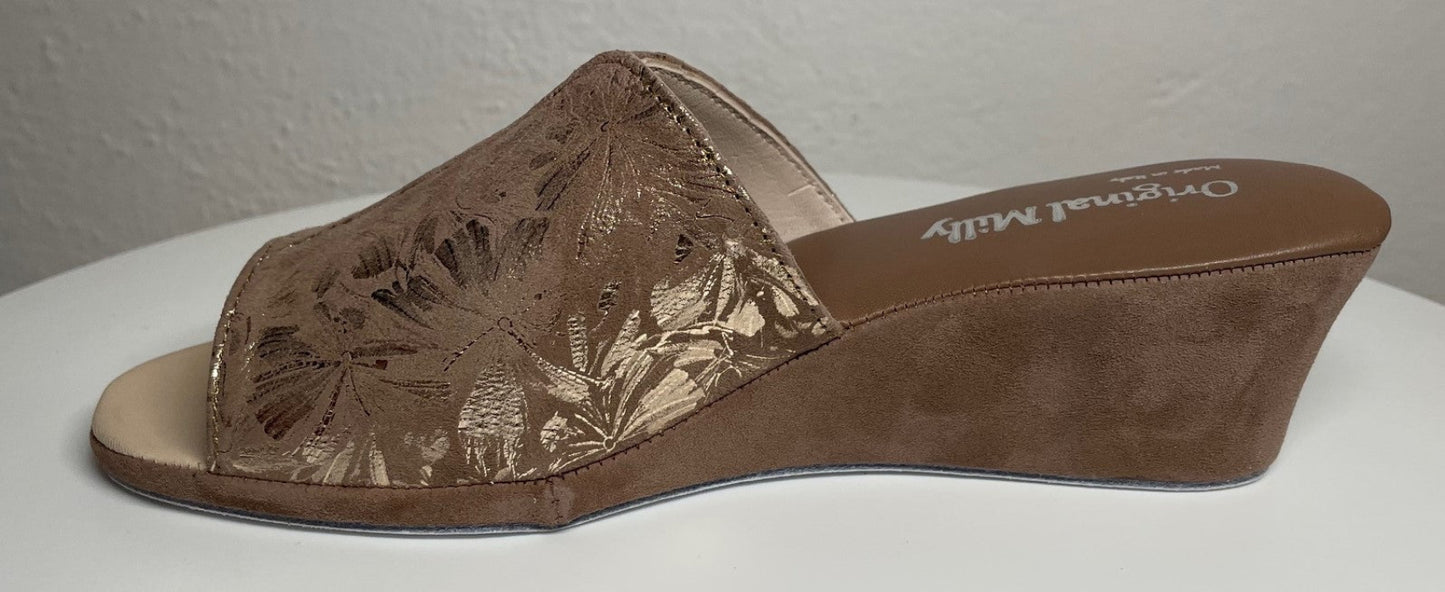 0112 Camoscio Taupe a Fiori Suola Bufalo Ciabatte da camera Donna Original Milly Made in Italy