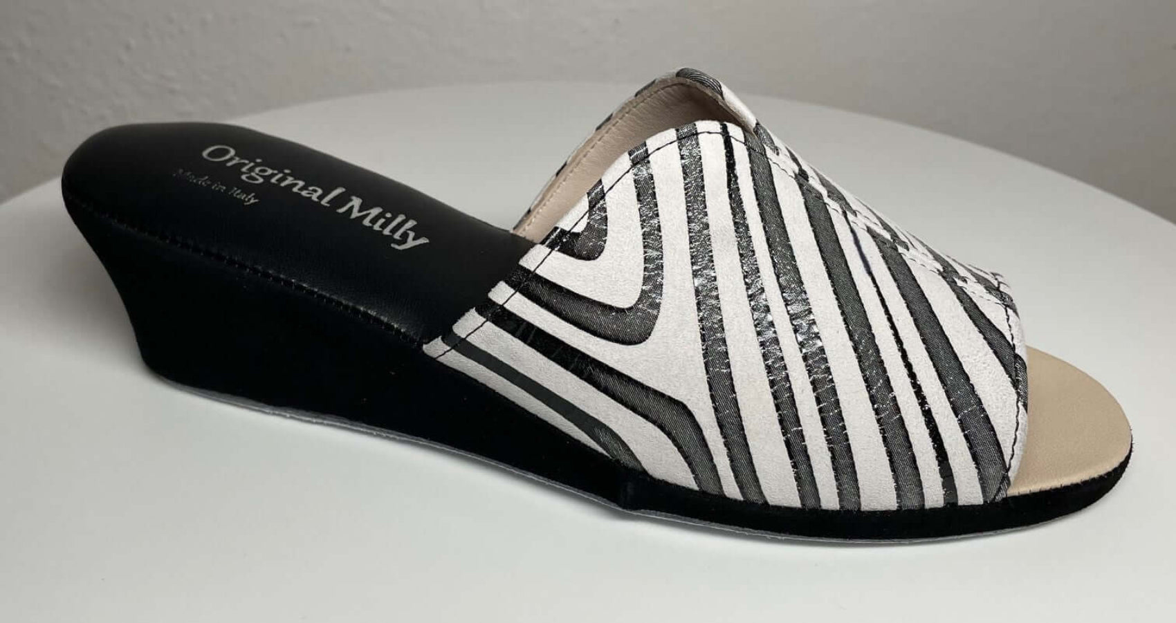 0112 Camoscio Zebrato Nero Suola Bufalo Ciabatte da camera Donna Original Milly Made in Italy