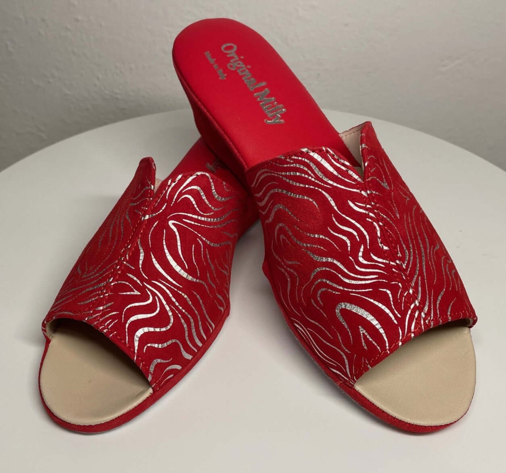 0112 Camoscio Zebrato Rosso Suola Bufalo Ciabatte da camera Donna Original Milly Made in Italy