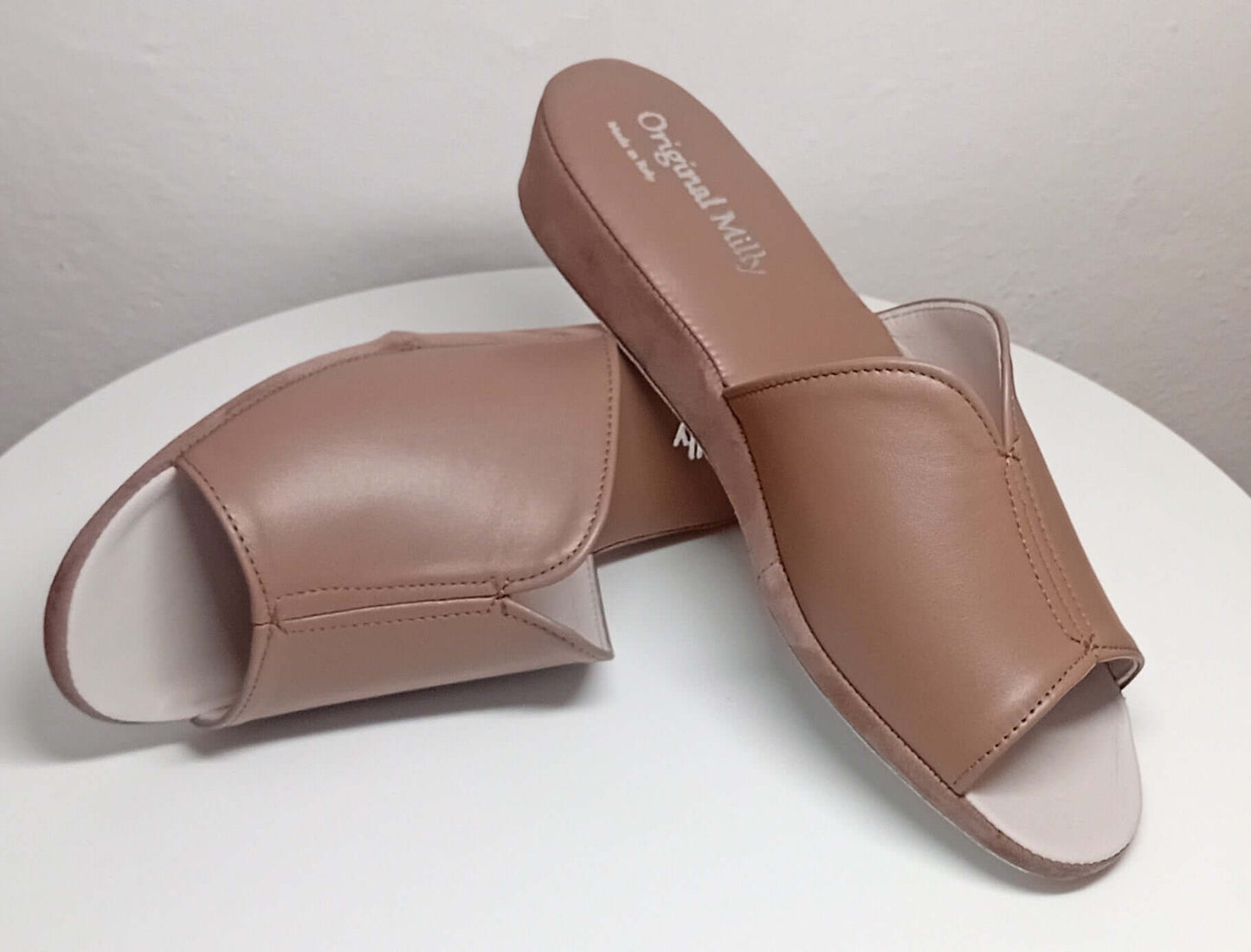 0120 Nappa e Camoscio Taupe Suola Bufalo Ciabatte da camera Donna Original Milly Made in Italy