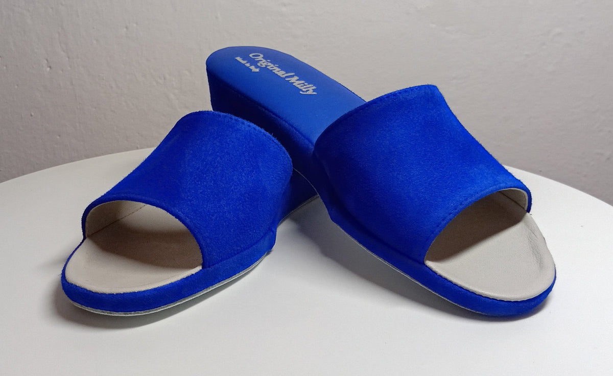 0202 Camoscio e Nappa Blu Suola Bufalo Ciabatte da camera Donna Original Milly Made in Italy - Foto N 4
