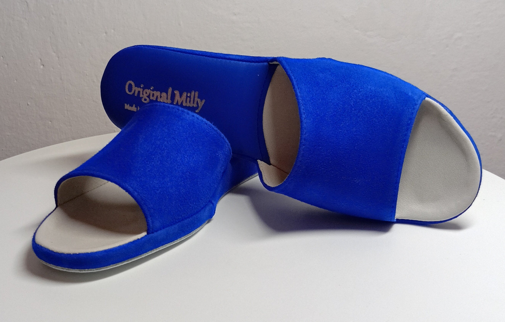 0202 Camoscio e Nappa Blu Suola Bufalo Ciabatte da camera Donna Original Milly Made in Italy - Foto N 5
