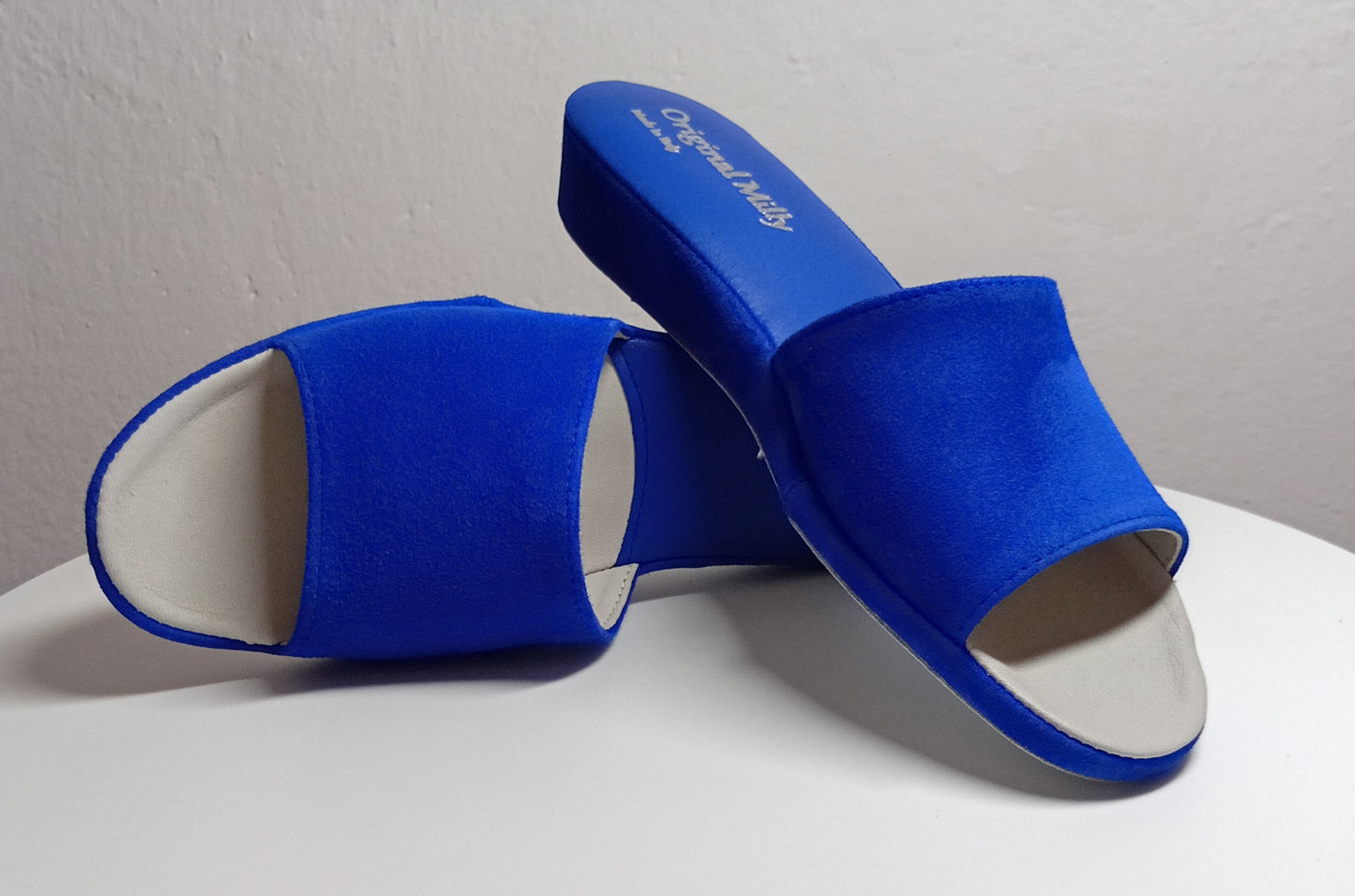 0202 Camoscio e Nappa Blu Suola Bufalo Ciabatte da camera Donna Original Milly Made in Italy - Foto N 7