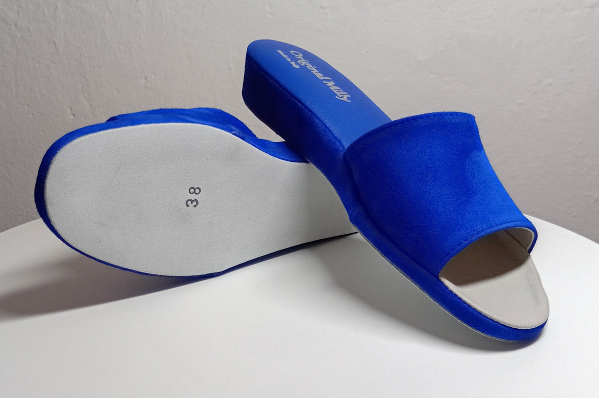0202 Camoscio e Nappa Blu Suola Bufalo Ciabatte da camera Donna Original Milly Made in Italy - Foto N 8