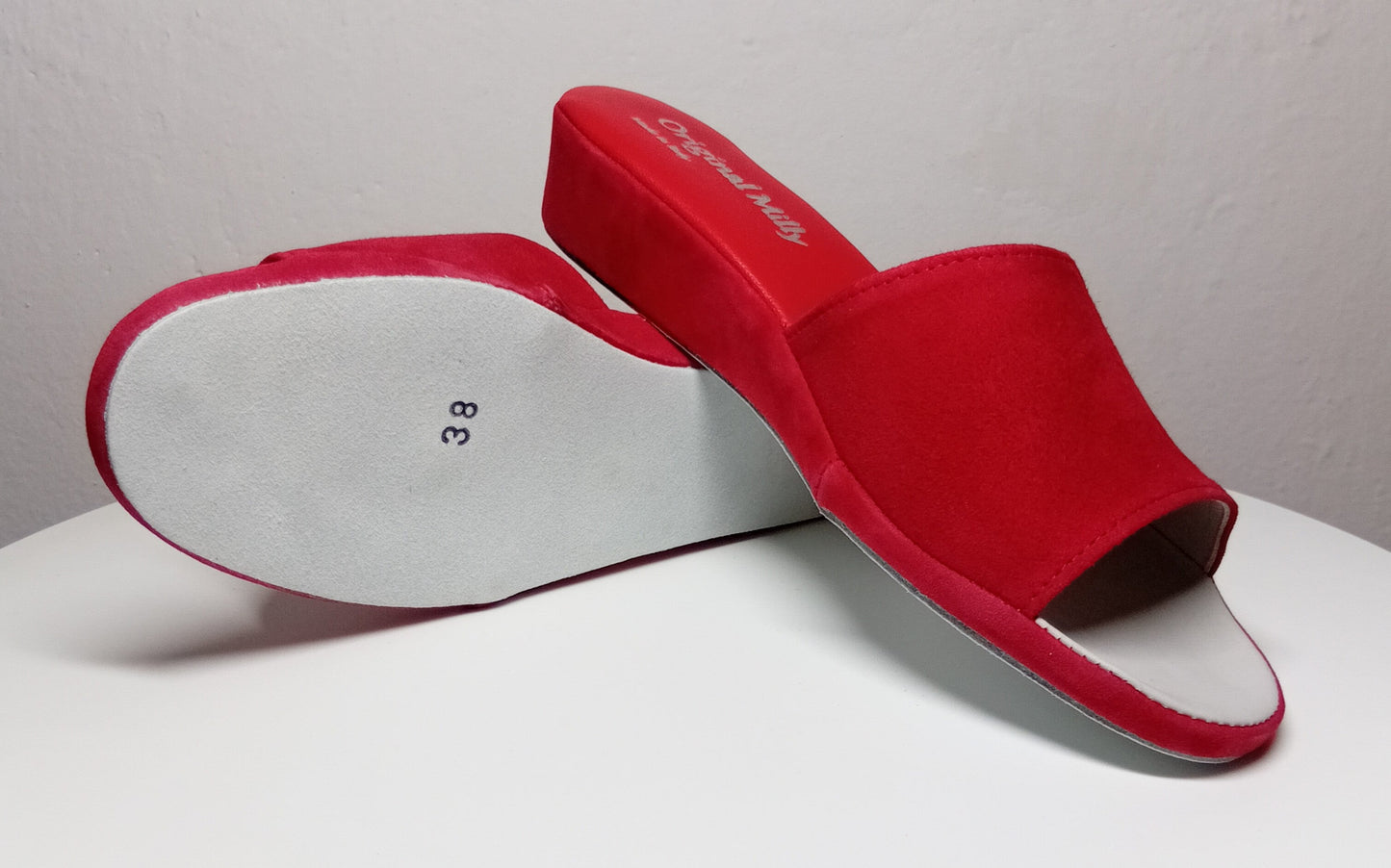 0202 Camoscio e Nappa Rossa Suola Bufalo Ciabatte da camera Donna Original Milly Made in Italy - Foto N 8