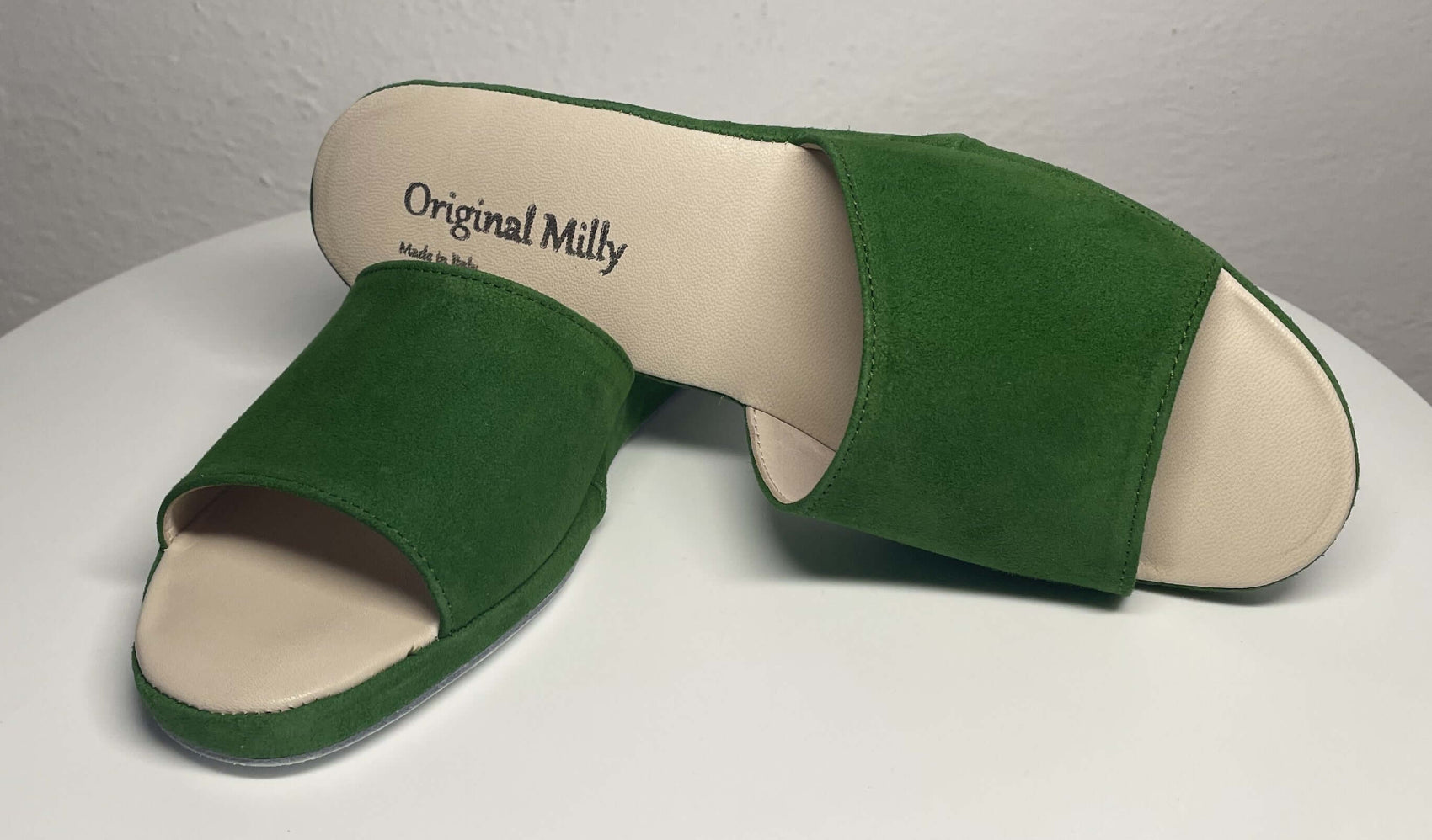 0203 Camoscio Verde Suola Bufalo Ciabatte da camera Donna Original Milly Made in Italy