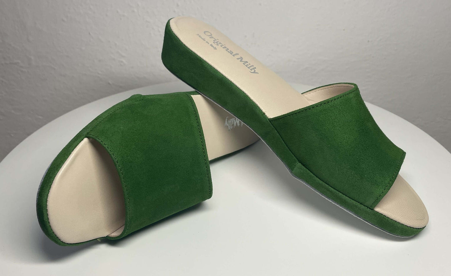 0203 Camoscio Verde Suola Bufalo Ciabatte da camera Donna Original Milly Made in Italy