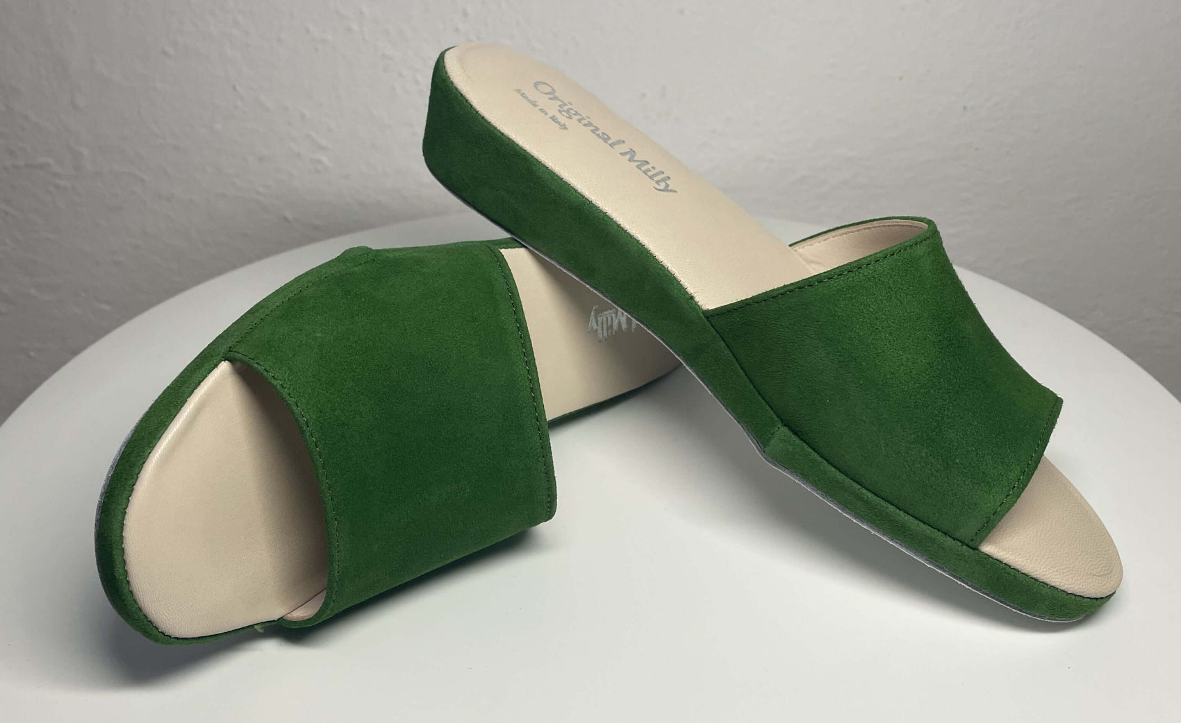 0203 Camoscio Verde Suola Bufalo Ciabatte da camera Donna Original Milly Made in Italy