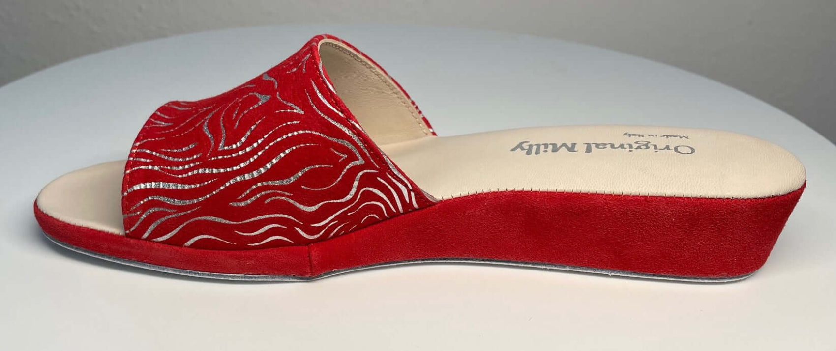 0203 Camoscio zebrato Rosso Suola Bufalo Ciabatte da camera Donna Original Milly Made in Italy