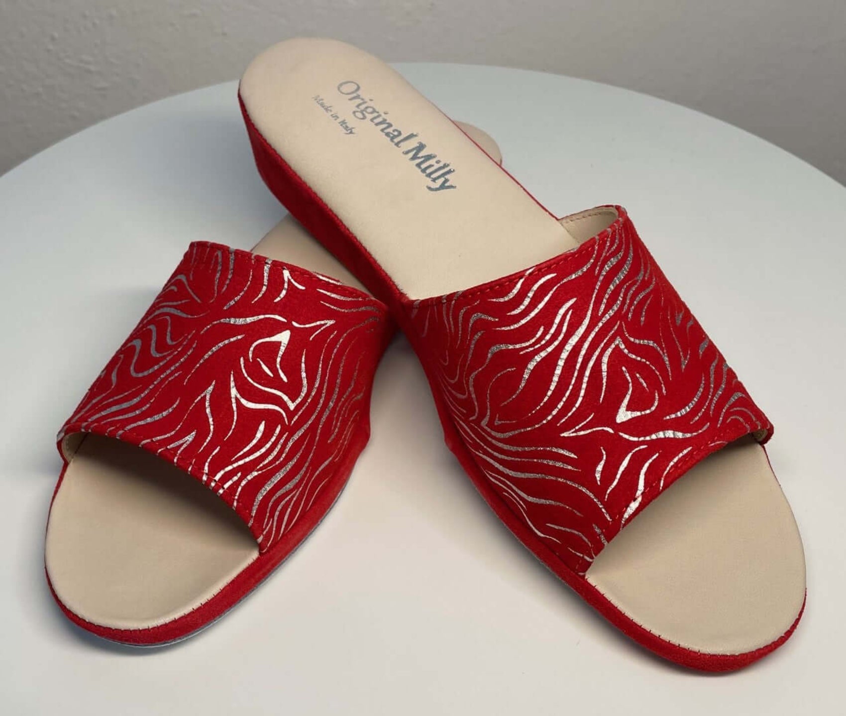 0203 Camoscio zebrato Rosso Suola Bufalo Ciabatte da camera Donna Original Milly Made in Italy
