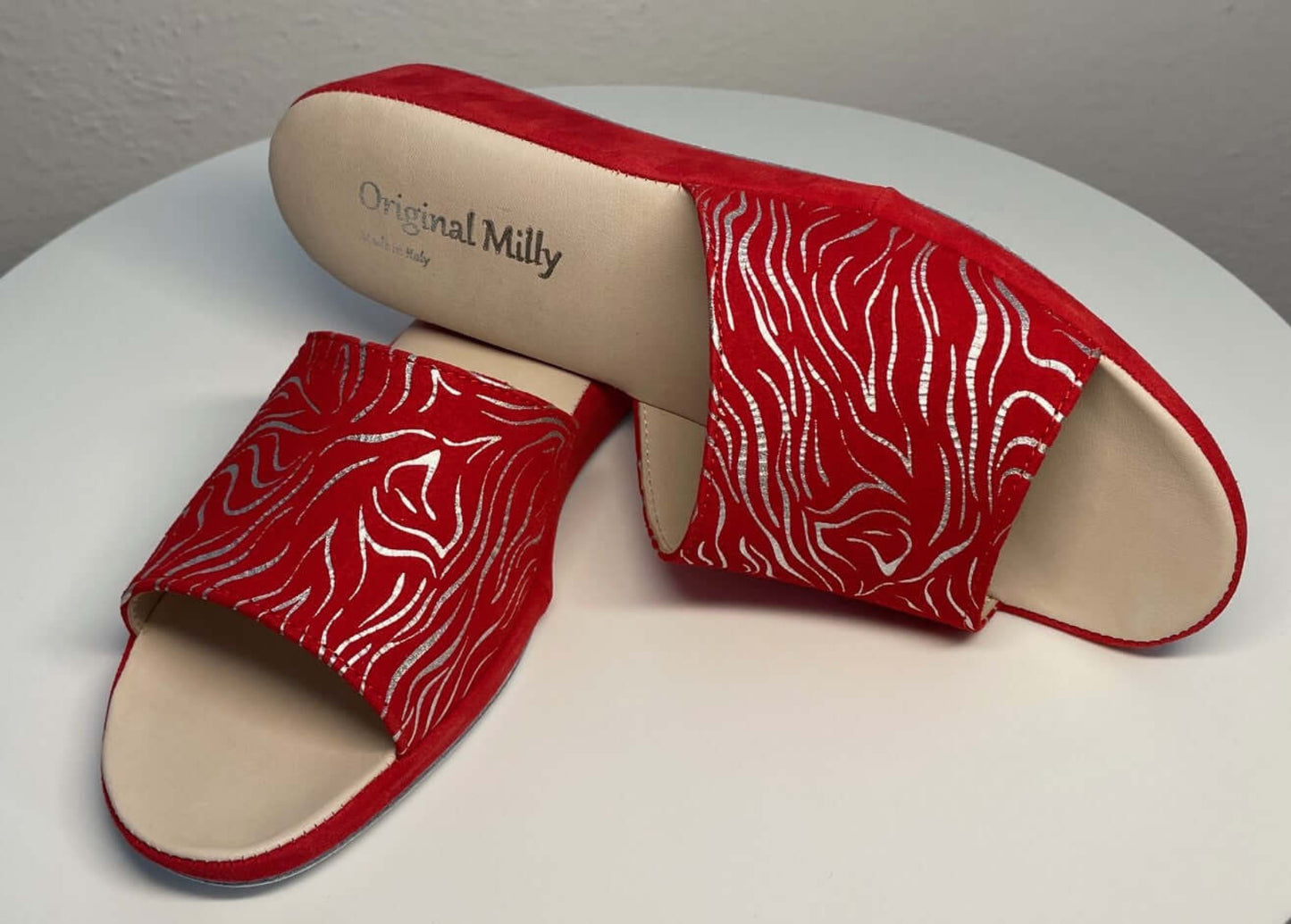 0203 Camoscio zebrato Rosso Suola Bufalo Ciabatte da camera Donna Original Milly Made in Italy