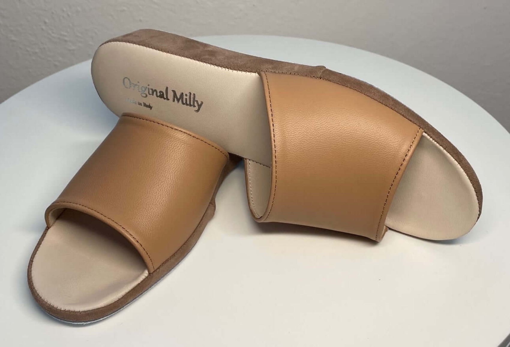 0203 Nappa e Camoscio Taupe Suola Bufalo Ciabatte da camera Donna Original Milly Made in Italy