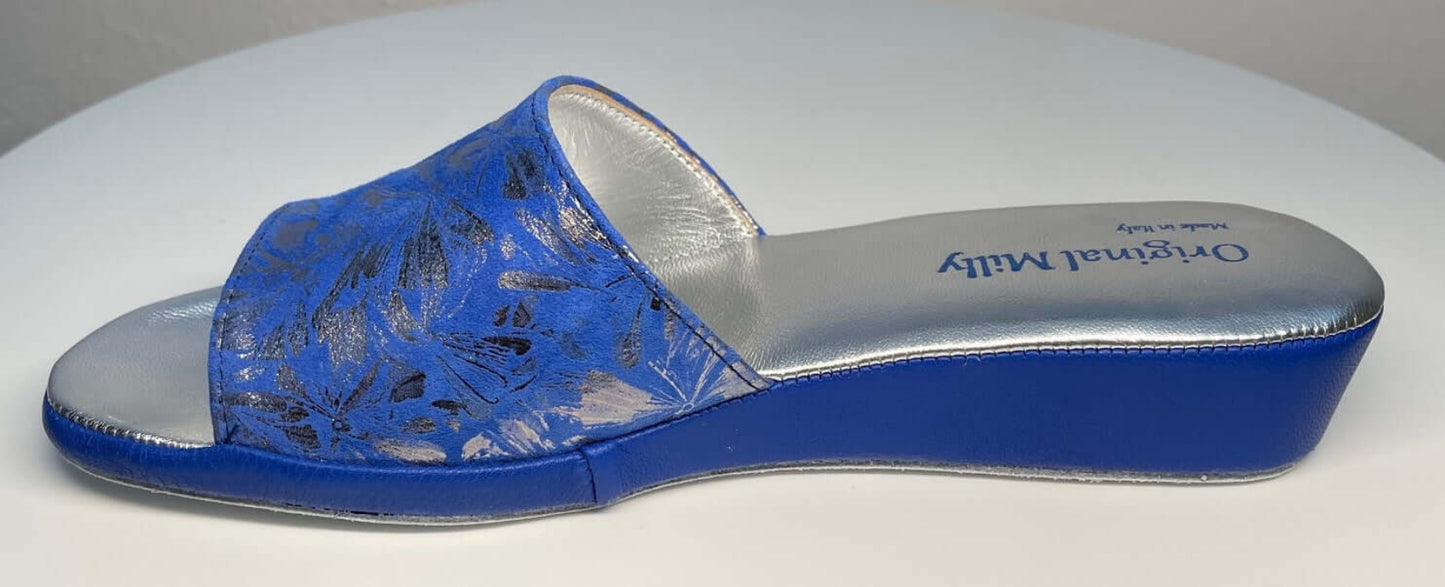 0204 Camoscio Blu a fiori Suola Bufalo Ciabatte da camera Donna Original Milly Made in Italy