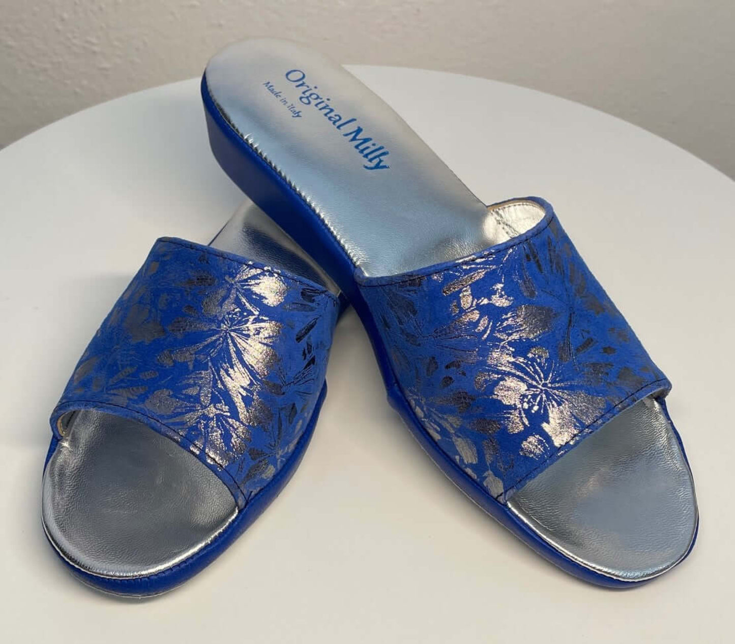 0204 Camoscio Blu a fiori Suola Bufalo Ciabatte da camera Donna Original Milly Made in Italy