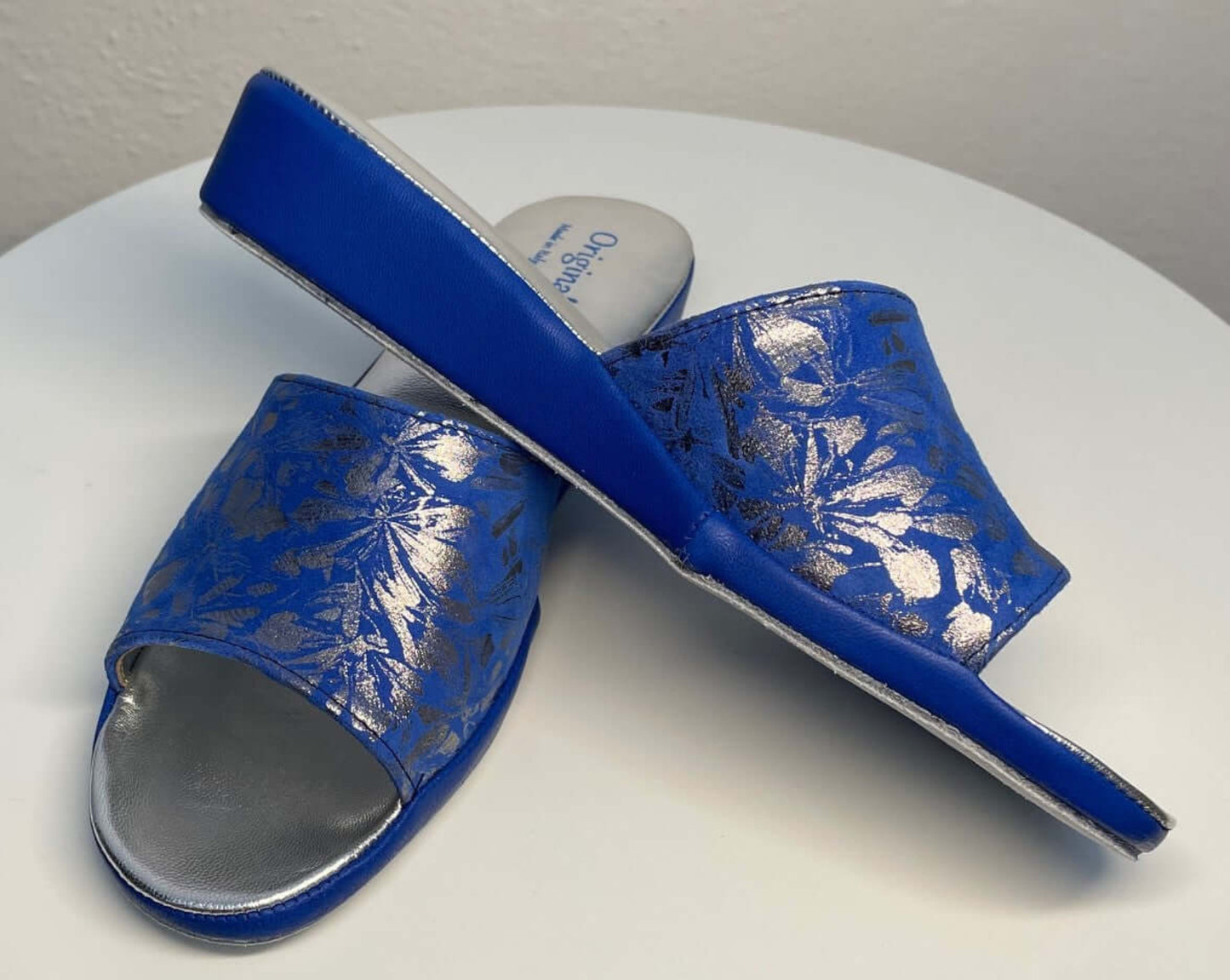 0204 Camoscio Blu a fiori Suola Bufalo Ciabatte da camera Donna Original Milly Made in Italy