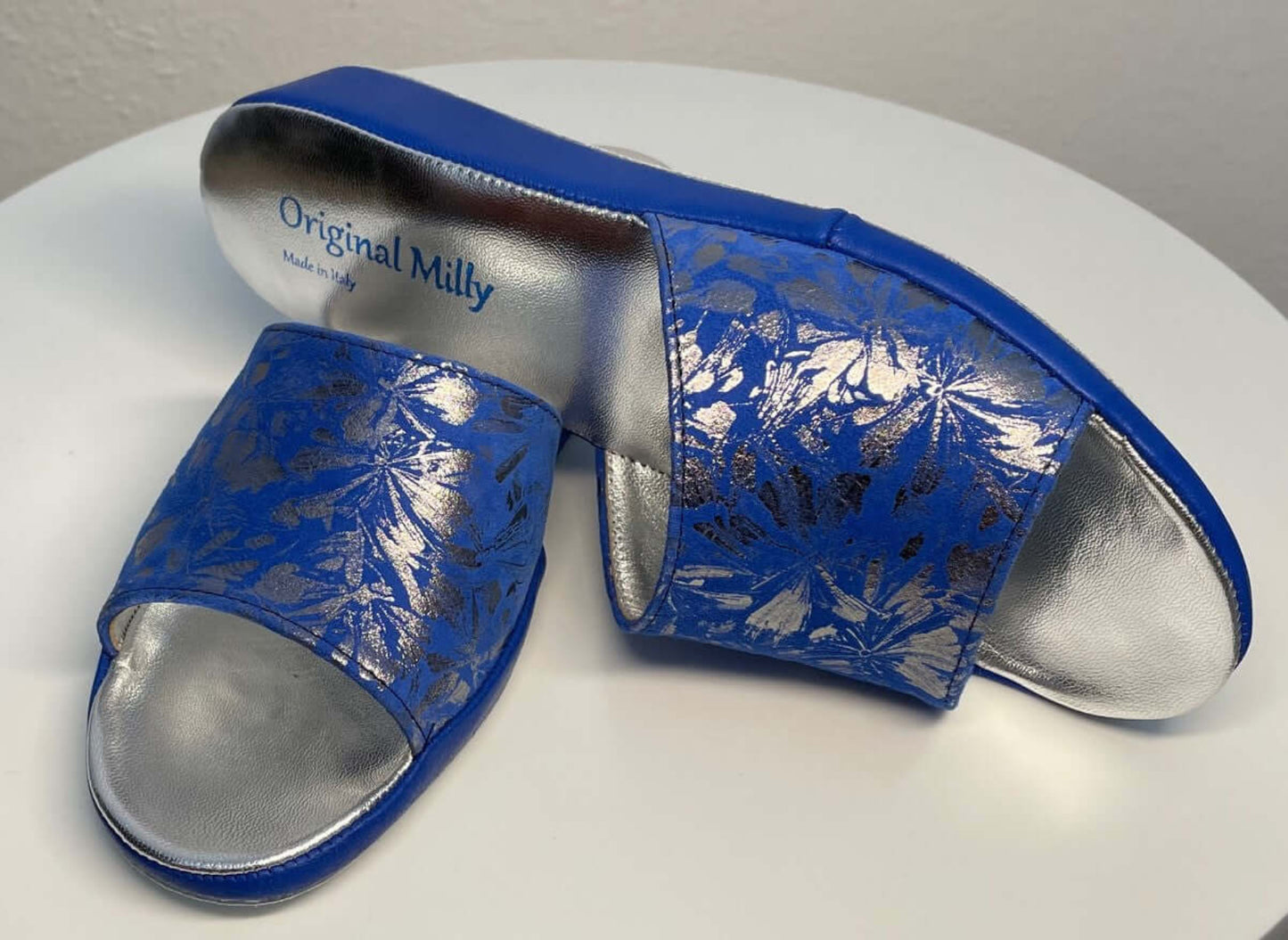 0204 Camoscio Blu a fiori Suola Bufalo Ciabatte da camera Donna Original Milly Made in Italy