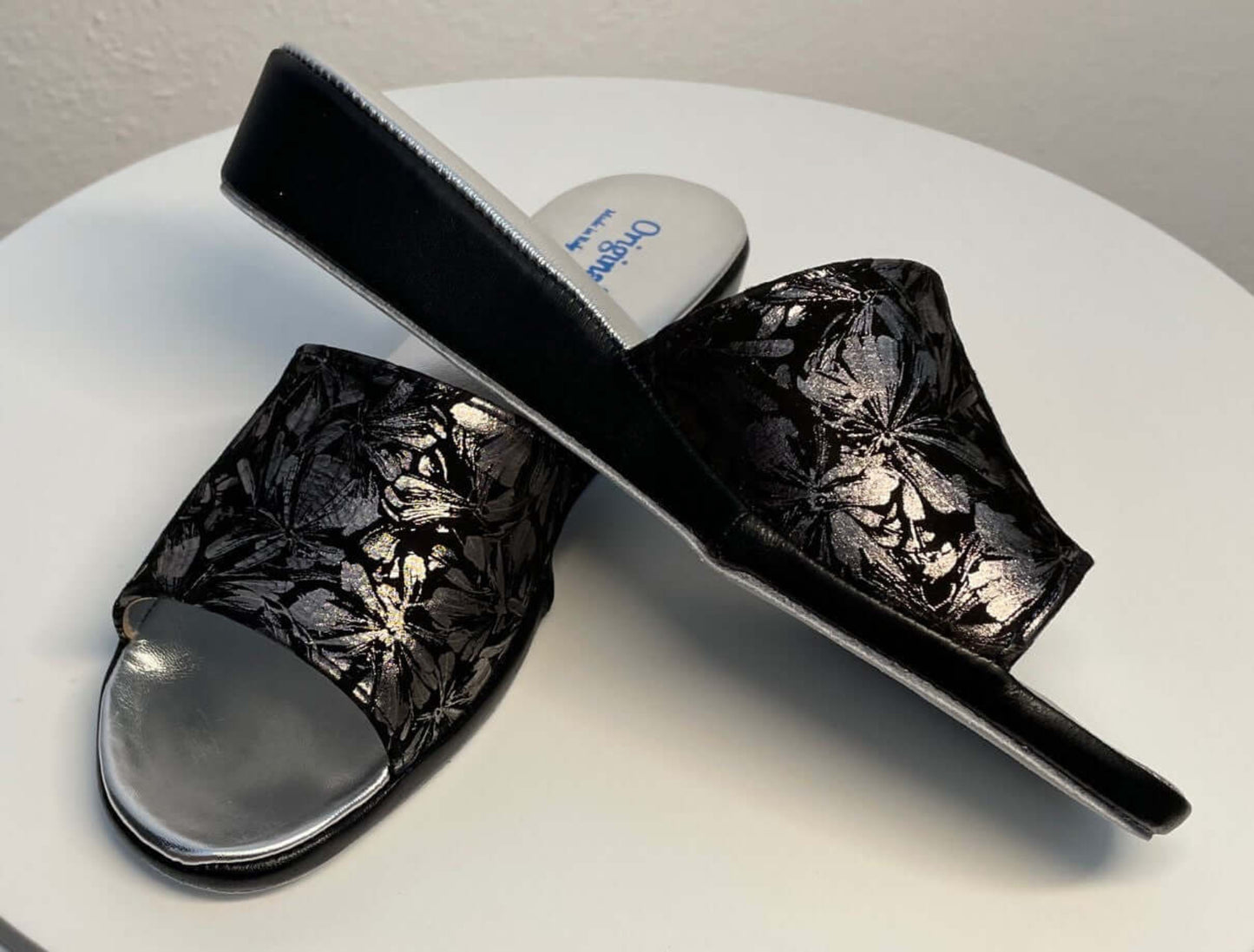 0204 Camoscio Nero a fiori Suola Bufalo Ciabatte da camera Donna Original Milly Made in Italy
