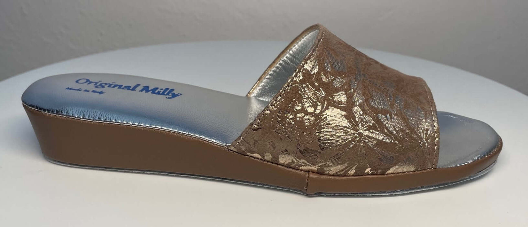 0204 Camoscio Taupe a fiori Suola Bufalo Ciabatte da camera Donna Original Milly Made in Italy