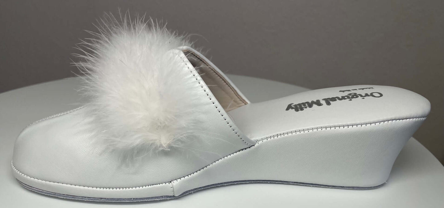 0300 Nappa e Camoscio Bianco con Piuma Suola Bufalo Ciabatte da camera Donna Original Milly Made in Italy