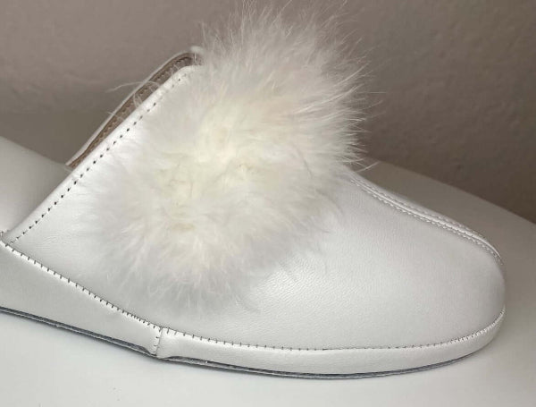 0300 Nappa e Camoscio Bianco con piuma Suola Bufalo Ciabatte da camera Donna Original Milly Made in Italy