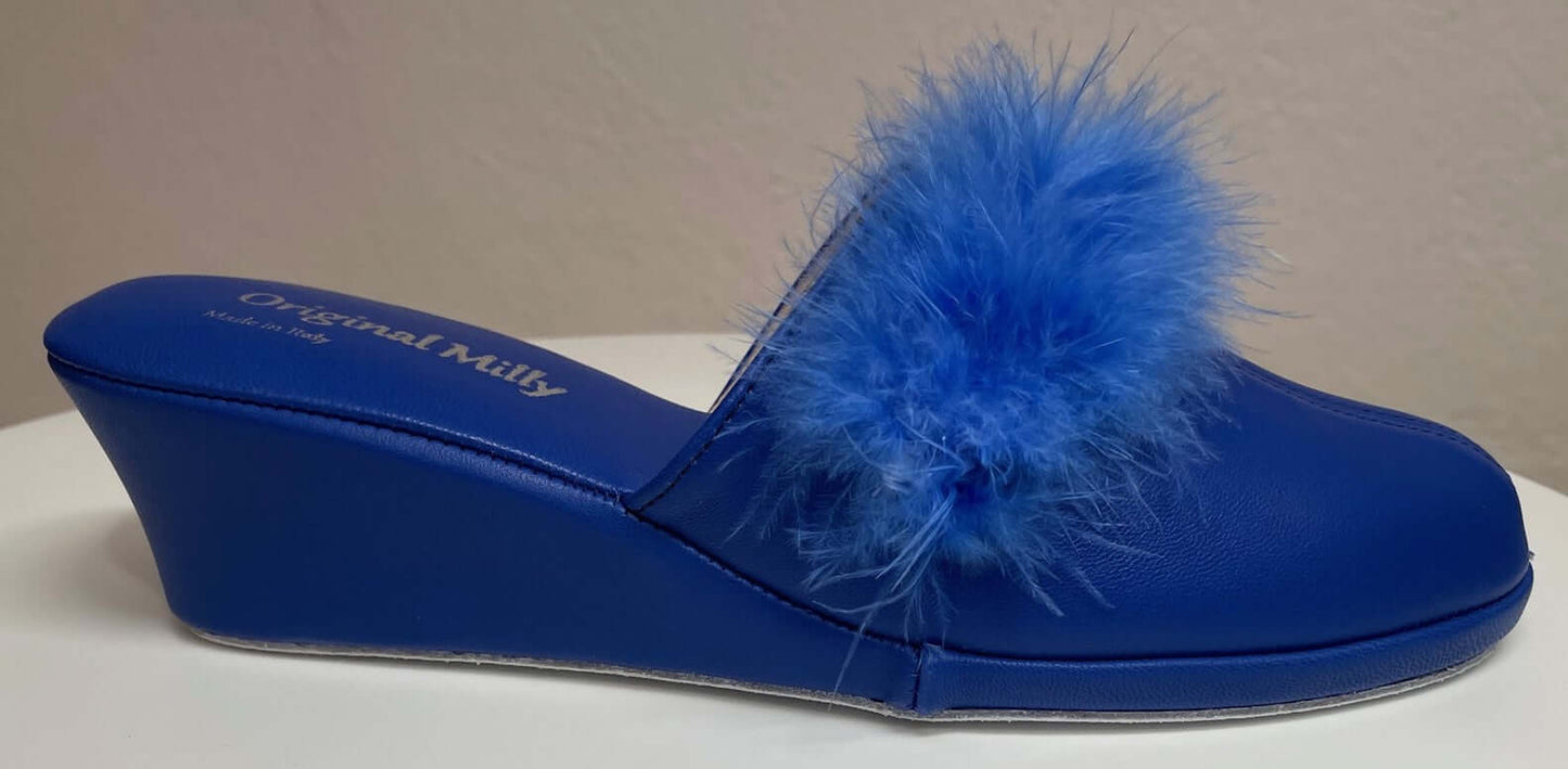 0300 Nappa e Camoscio Blu con Piuma Suola Bufalo Ciabatte da camera Donna Original Milly Made in Italy