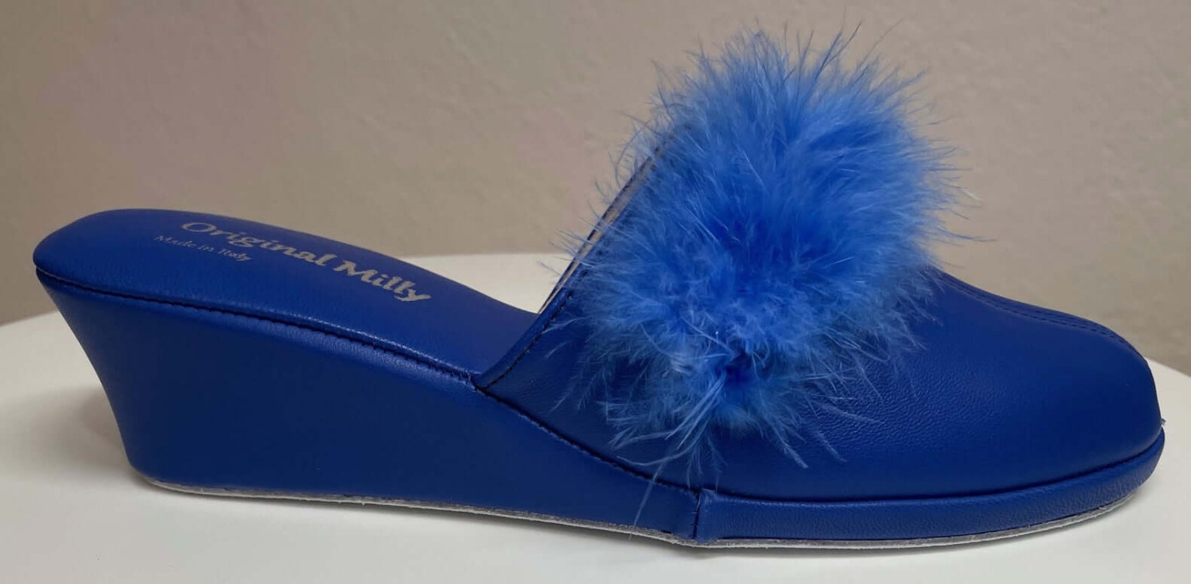 0300 Nappa e Camoscio Blu con Piuma Suola Bufalo Ciabatte da camera Donna Original Milly Made in Italy