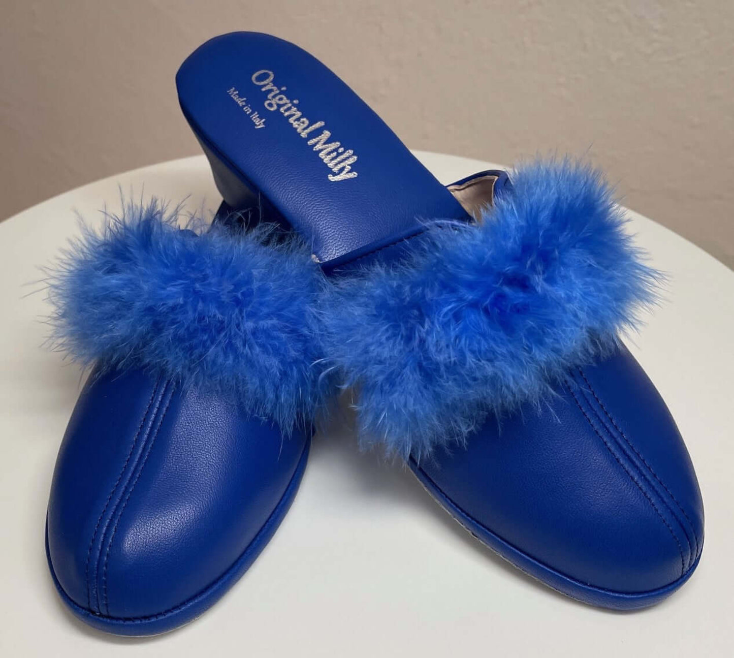 0300 Nappa e Camoscio Blu con Piuma Suola Bufalo Ciabatte da camera Donna Original Milly Made in Italy