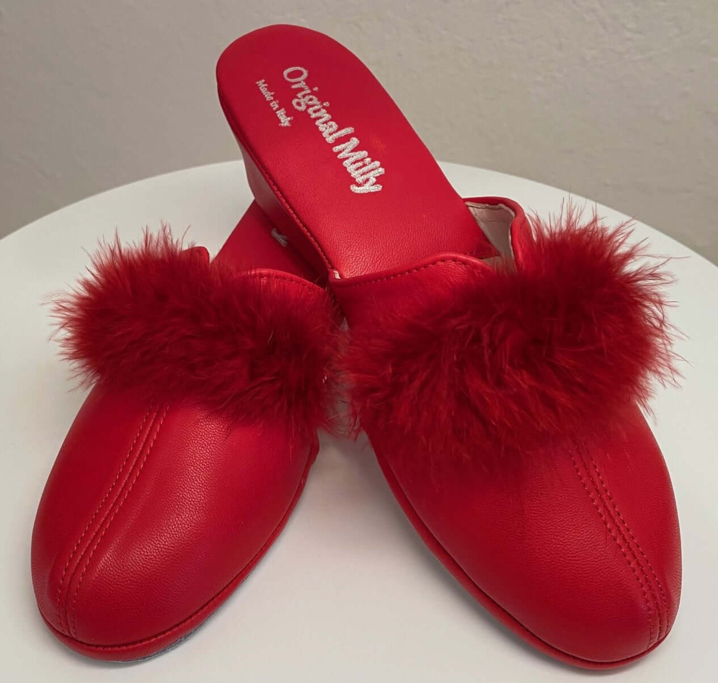 0300 Nappa e Camoscio Rosso con Piuma Suola Bufalo Ciabatte da camera Donna Original Milly Made in Italy