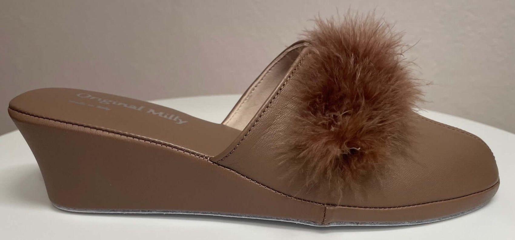 0300 Nappa e Camoscio Taupe con Piuma Suola Bufalo Ciabatte da camera Donna Original Milly Made in Italy