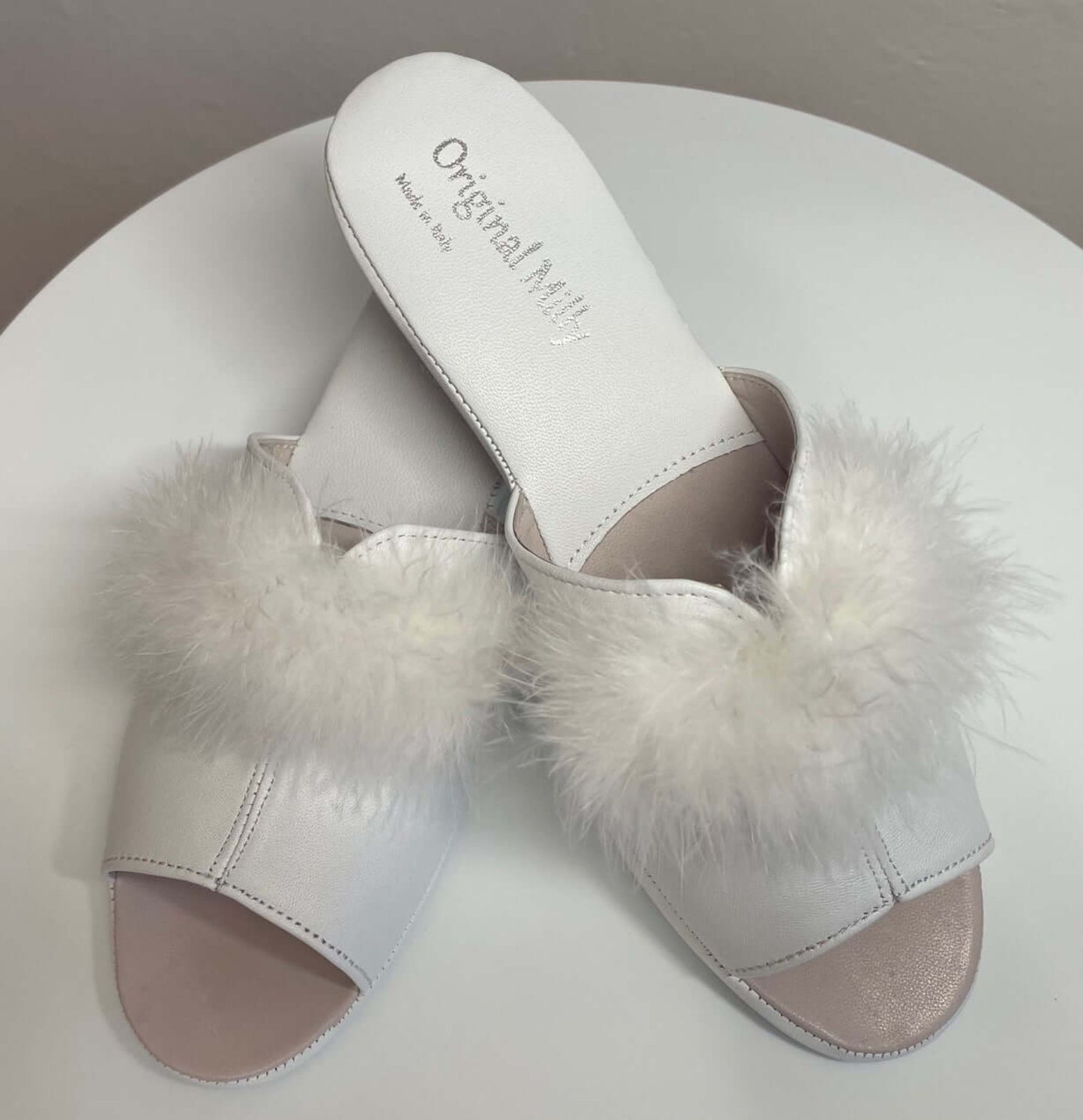 0301 Nappa e Camoscio Bianco con Piuma Suola Bufalo Ciabatte da camera Donna Original Milly Made in Italy