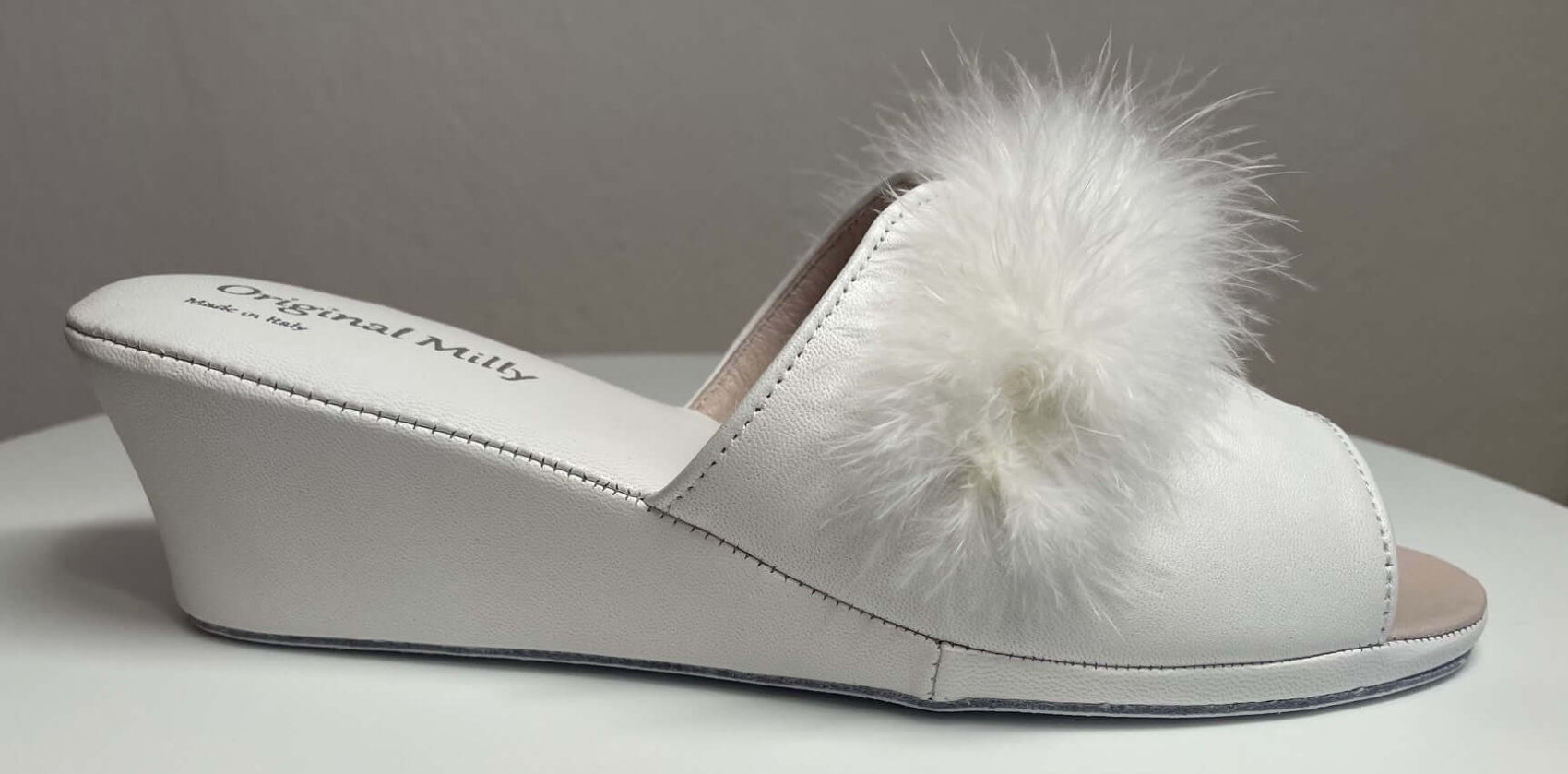 0301 Nappa e Camoscio Bianco con Piuma Suola Bufalo Ciabatte da camera Donna Original Milly Made in Italy