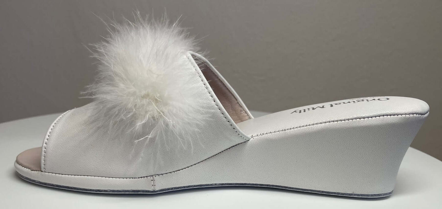 0301 Nappa e Camoscio Bianco con Piuma Suola Bufalo Ciabatte da camera Donna Original Milly Made in Italy