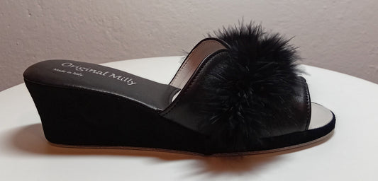 0301 Nappa e Camoscio Nero con Piuma Suola Bufalo Ciabatte da camera Donna Original Milly Made in Italy