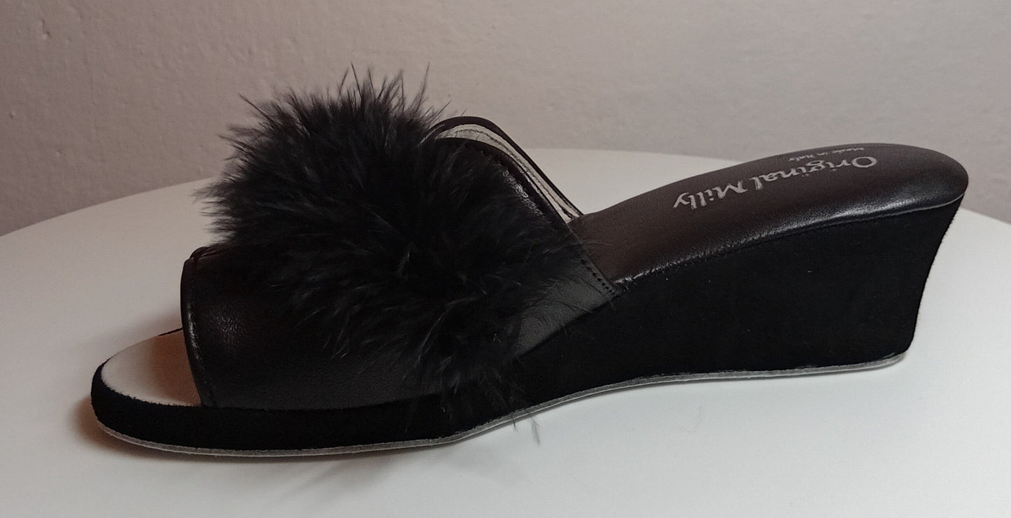0301 Nappa e Camoscio Nero con Piuma Suola Bufalo Ciabatte da camera Donna Original Milly Made in Italy