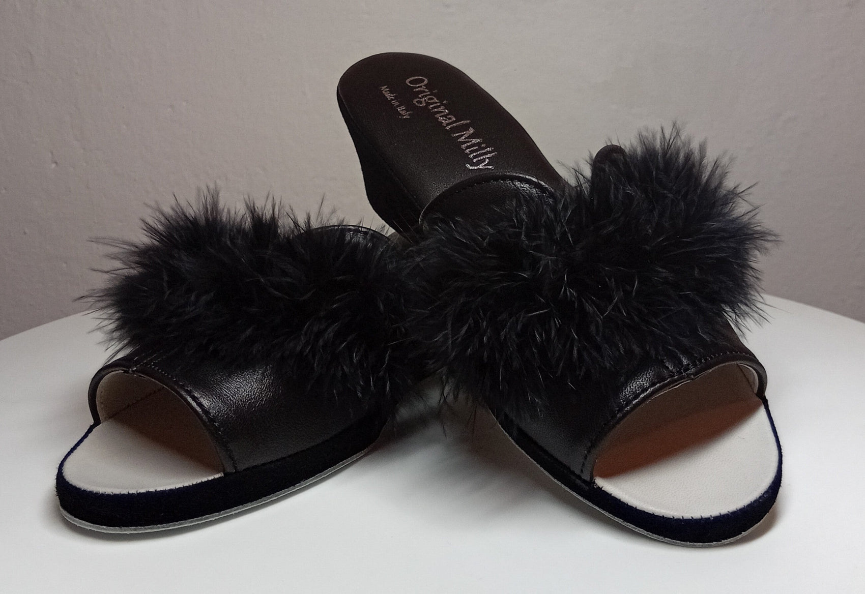 0301 Nappa e Camoscio Nero con Piuma Suola Bufalo Ciabatte da camera Donna Original Milly Made in Italy