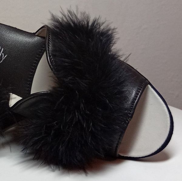 0301 Nappa e Camoscio Nero con Piuma Suola Bufalo Ciabatte da camera Donna Original Milly Made in Italy