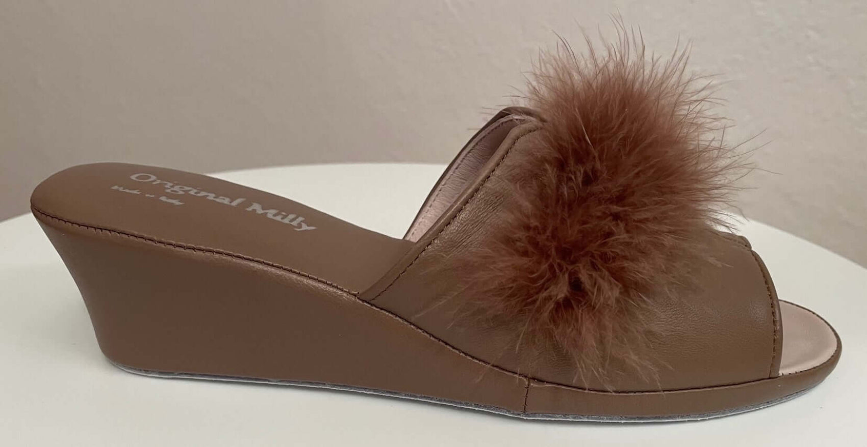0301 Nappa e Camoscio Taupe con Piuma Suola Bufalo Ciabatte da camera Donna Original Milly Made in Italy