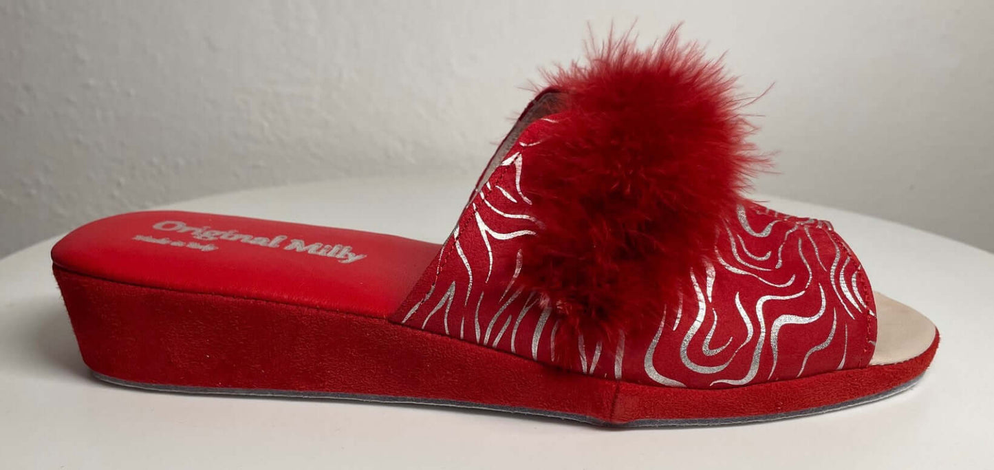 0302 Camoscio Zebrato Rosso con Piuma Suola Bufalo Ciabatte da camera Donna Original Milly Made in Italy