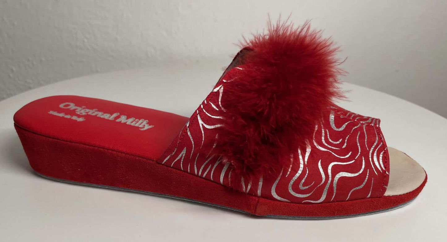 0302 Camoscio Zebrato Rosso con Piuma Suola Bufalo Ciabatte da camera Donna Original Milly Made in Italy