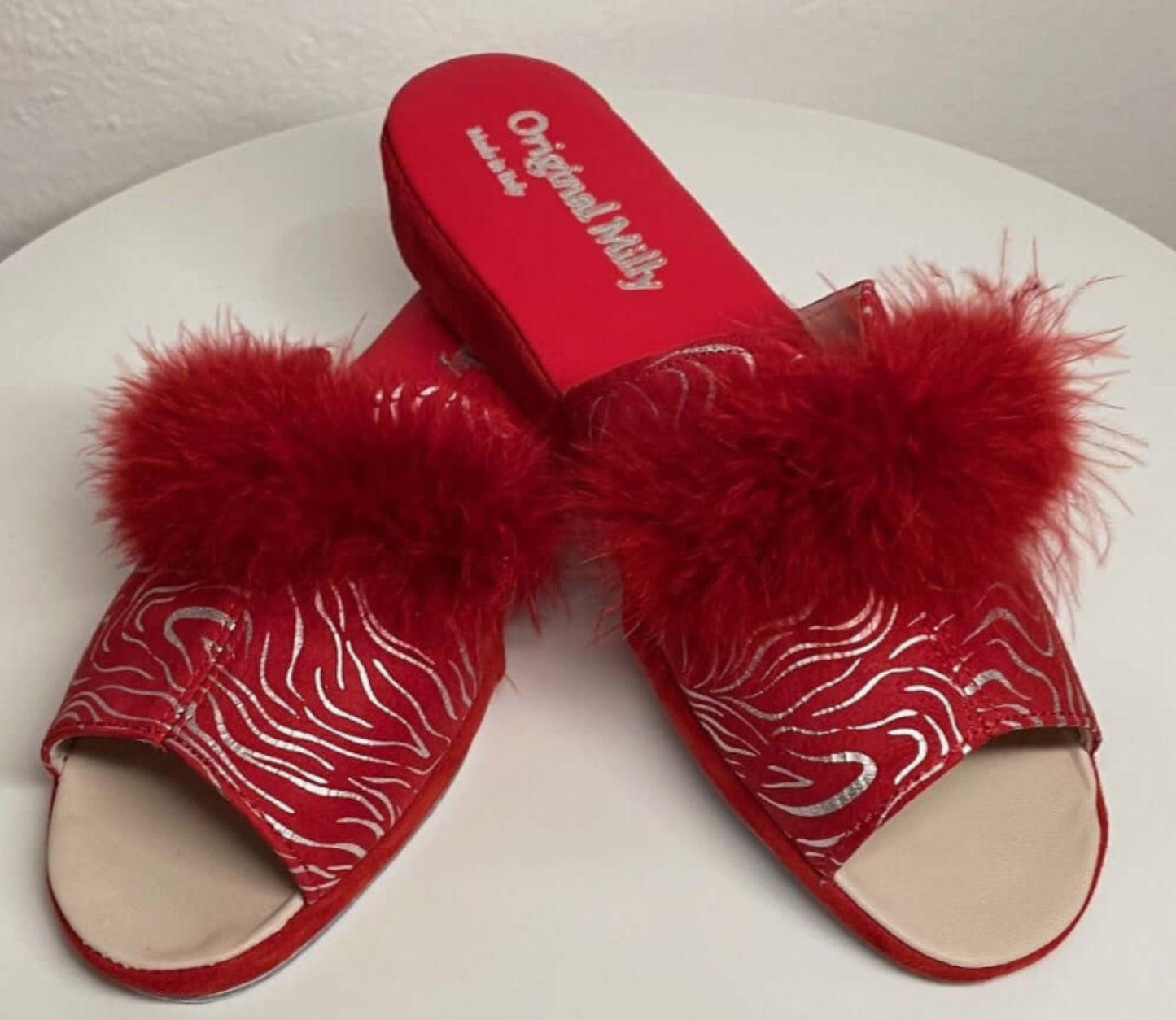 0302 Camoscio Zebrato Rosso con Piuma Suola Bufalo Ciabatte da camera Donna Original Milly Made in Italy