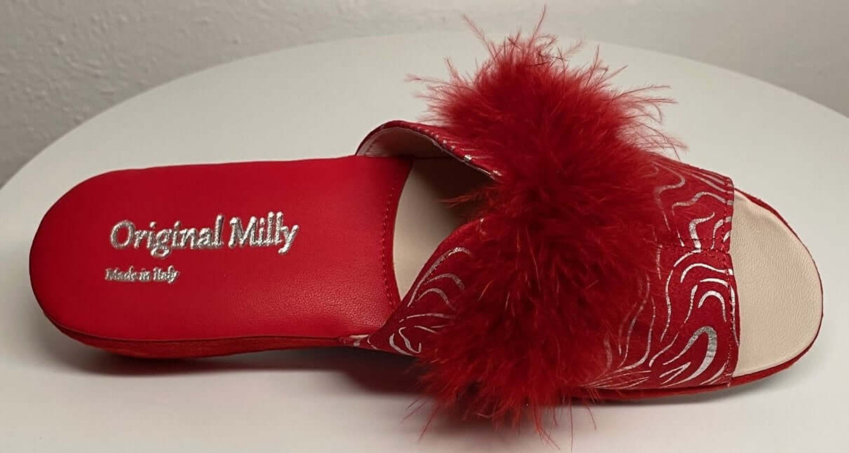 0302 Camoscio Zebrato Rosso con Piuma Suola Bufalo Ciabatte da camera Donna Original Milly Made in Italy