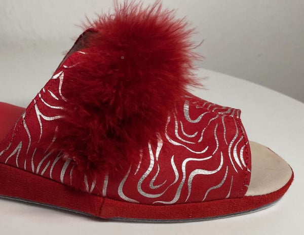 0302 Camoscio Zebrato Rosso con Piuma Suola Bufalo Ciabatte da camera Donna Original Milly Made in Italy