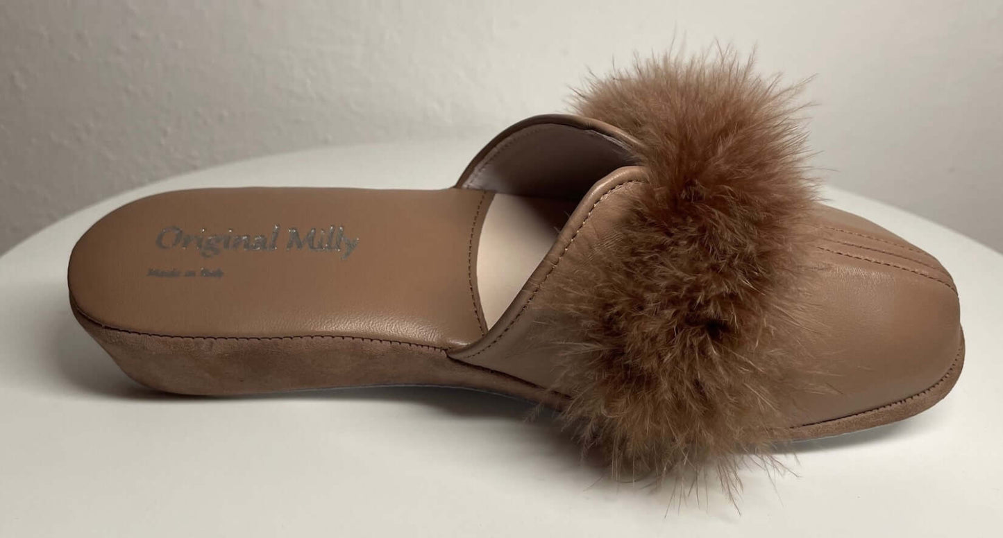 0303 Nappa e Camoscio Taupe con Piuma Suola Bufalo Ciabatte da camera Donna Original Milly Made in Italy