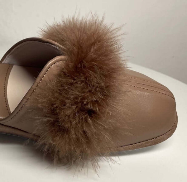 0303 Nappa e Camoscio Taupe con Piuma Suola Bufalo Ciabatte da camera Donna Original Milly Made in Italy