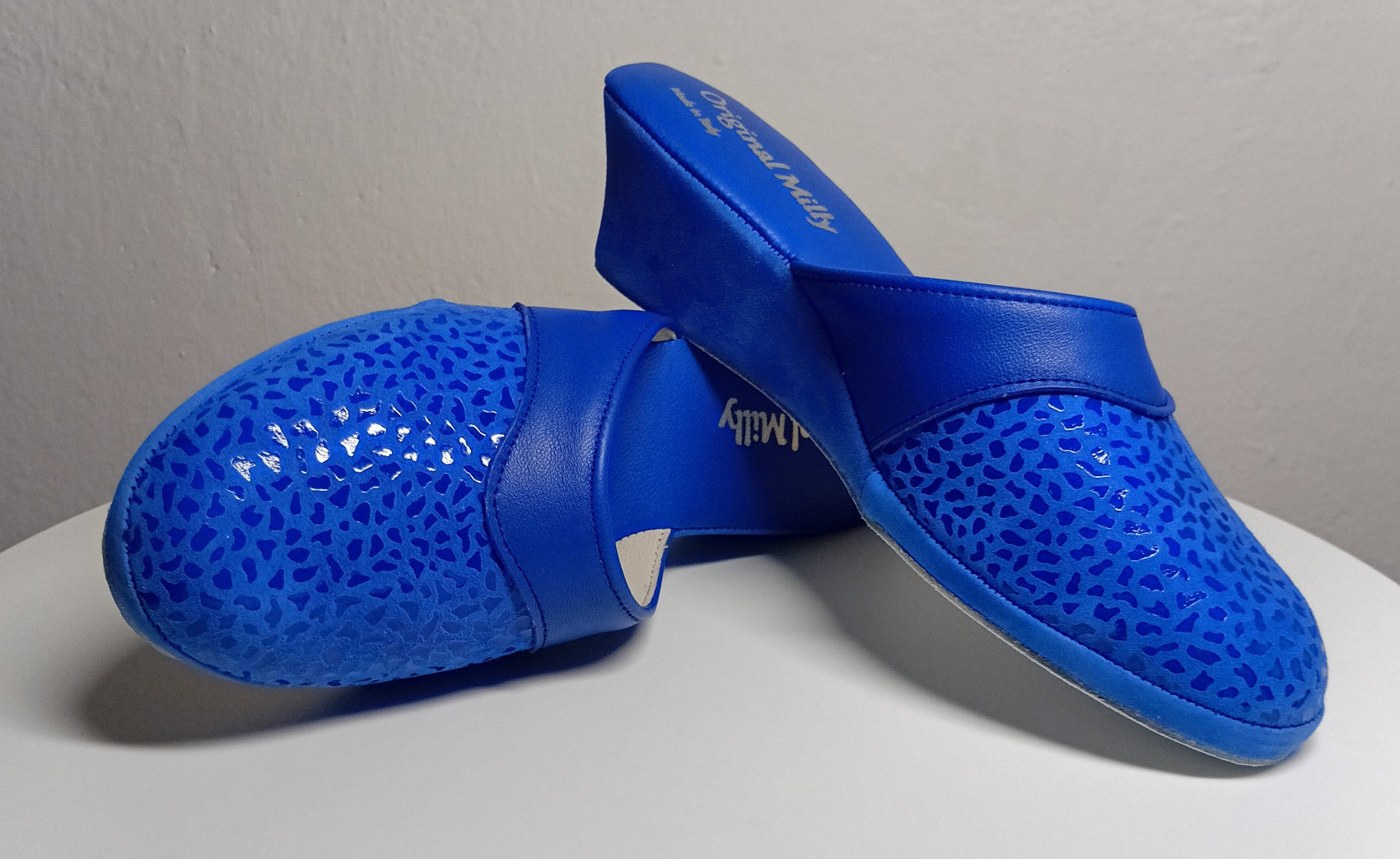 0350 Camoscio Blu Suola Bufalo Ciabatte da camera Donna Original Milly Made in Italy - Foto N 7