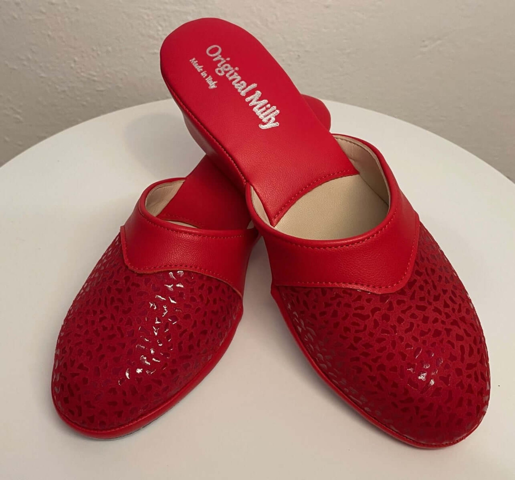 0350 Camoscio Rosso Suola Bufalo Ciabatte da camera Donna Original Milly Made in Italy