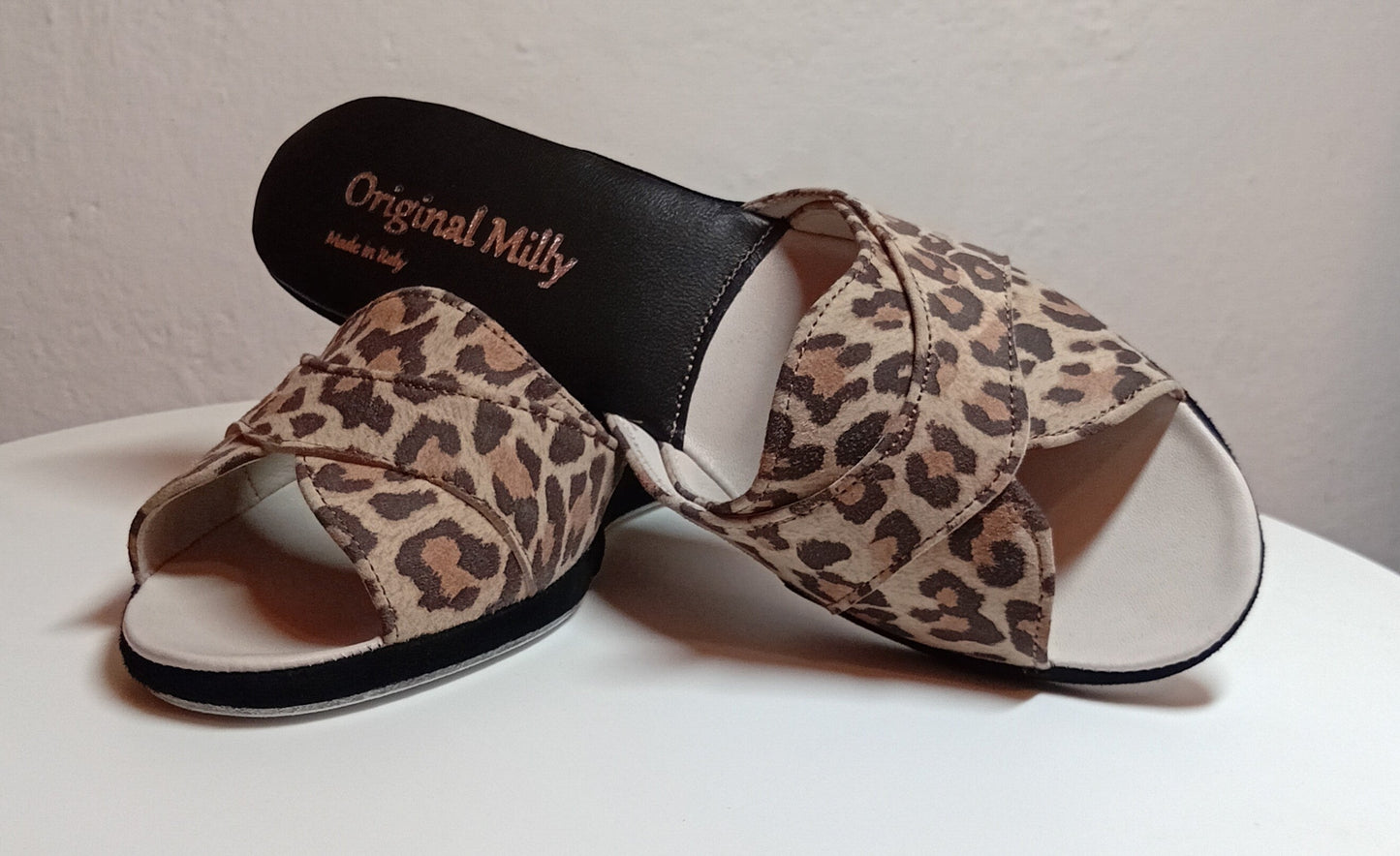 0403 Camoscio Leopardo Suola Bufalo Ciabatte da camera Donna Original Milly Made in Italy